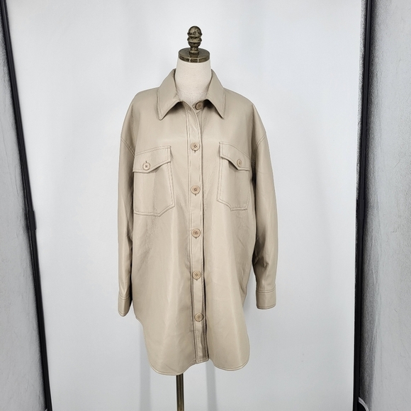 Wilfred Ganna Shirt Jacket Faux Leather Shacket Taupe Cream Button Up XL - Picture 4 of 11